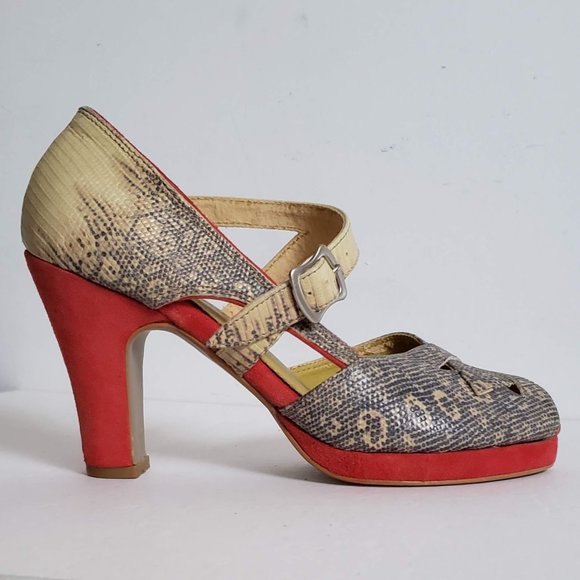 FARYLROBIN Leather Snakeskin Coral Red Suede Peep Toe Heels Anthropologie - Picture 8 of 15